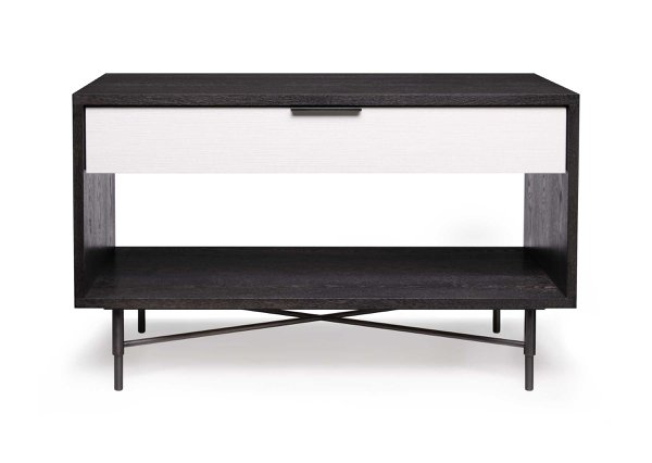 blackened oak/linen side tables