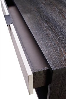 blackened oak/linen side tables